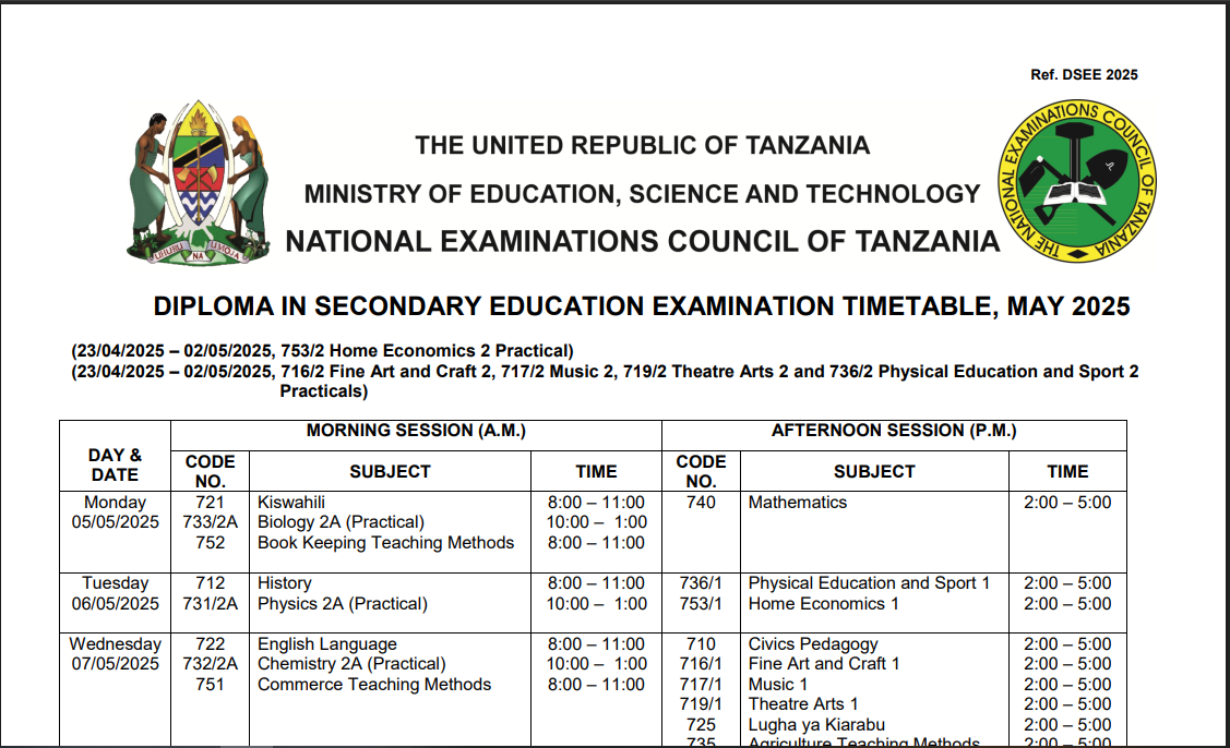 DSEE Exam Timetabe