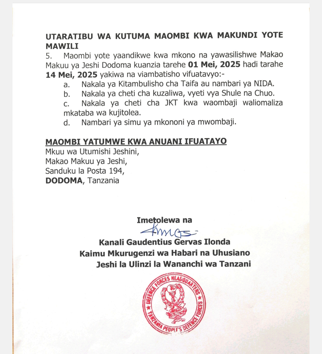 Jinsi ya Kutuma Maombi JWTZ 2025