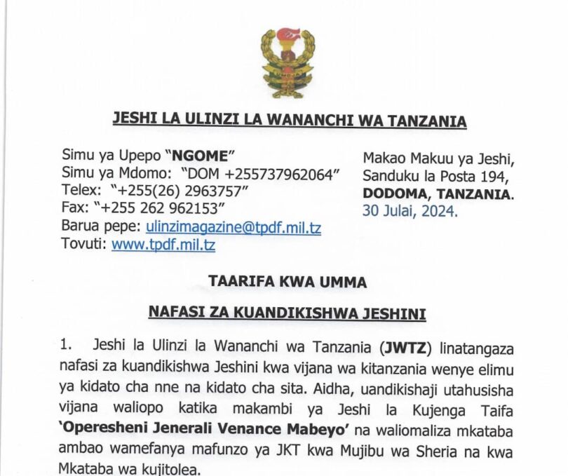 Sample ya Barua ya Maombi ya Kazi JWTZ 2025