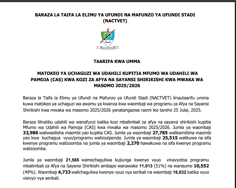 NACTVET Majina ya Waliochaguliwa Kozi Za Afya na Sayansi