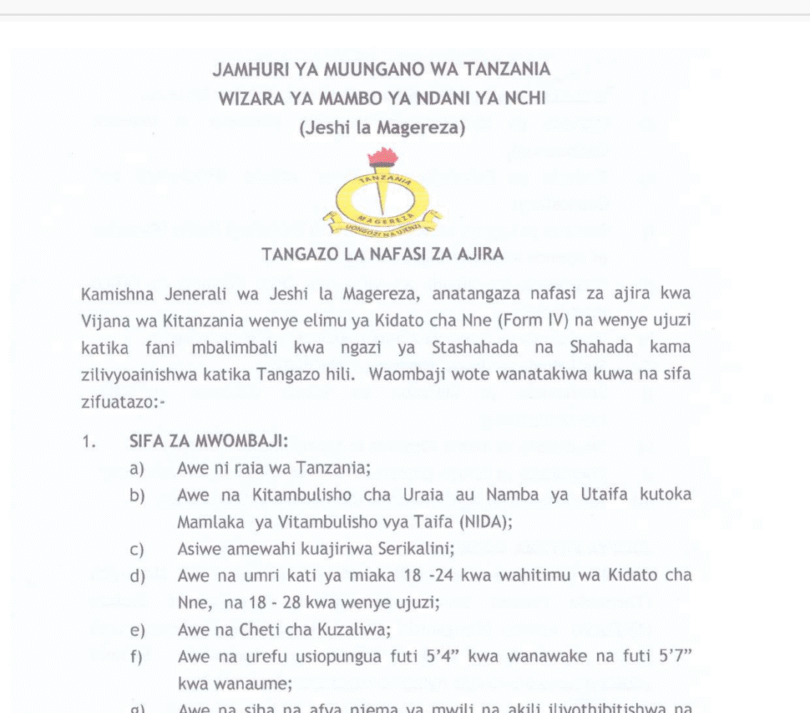 Nafasi Za Kazi Jeshi la Magereza 2025