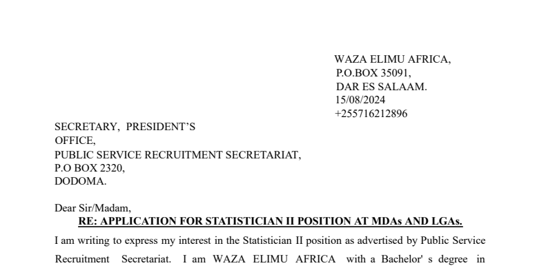 Application Letter Sample for Ajira Portal2025/2026